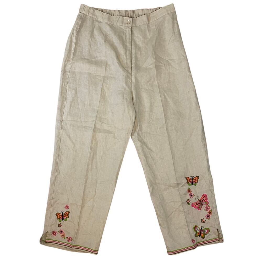 Jordan Linen Pants Womens Large Beige Embroidered Butterfly Boho Crop